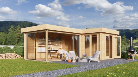Light-filled corner log cabin ALU Concept QUINTA 44 | 6.8 x 4.8 m (22'4'' x 15'9'') 44 mm