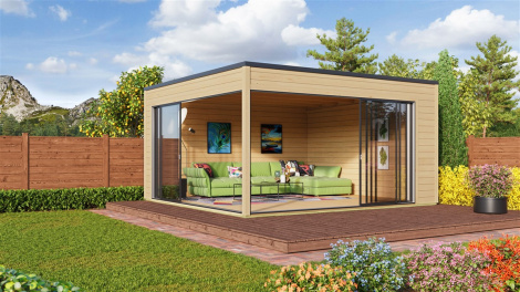 Premium log house with glazed outdoor terrace Q-BIC ALU 44 D | 4.8 x 4.5 m (15'7'' x 14'9'') 44 mm