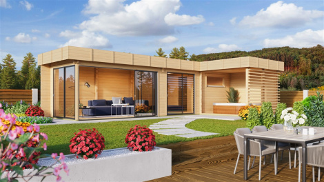 Outdoor sauna house with glazed terrace ALU Concept QUIETO 70 | 10.6 x 5.9 m (34'8'' x 19'4'') 70 mm